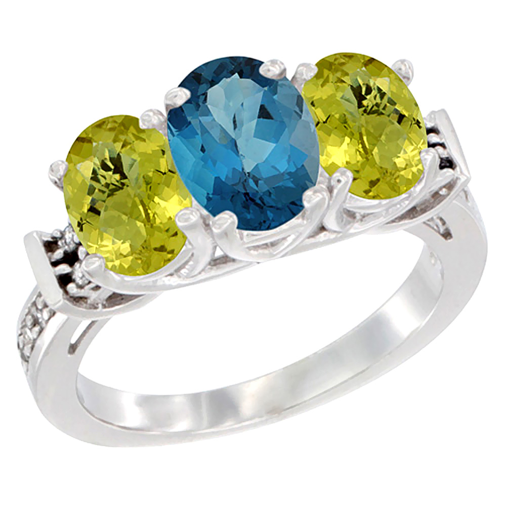 14K White Gold Natural London Blue Topaz &amp; Lemon Quartz Sides Ring 3-Stone Oval Diamond Accent, sizes 5 - 10
