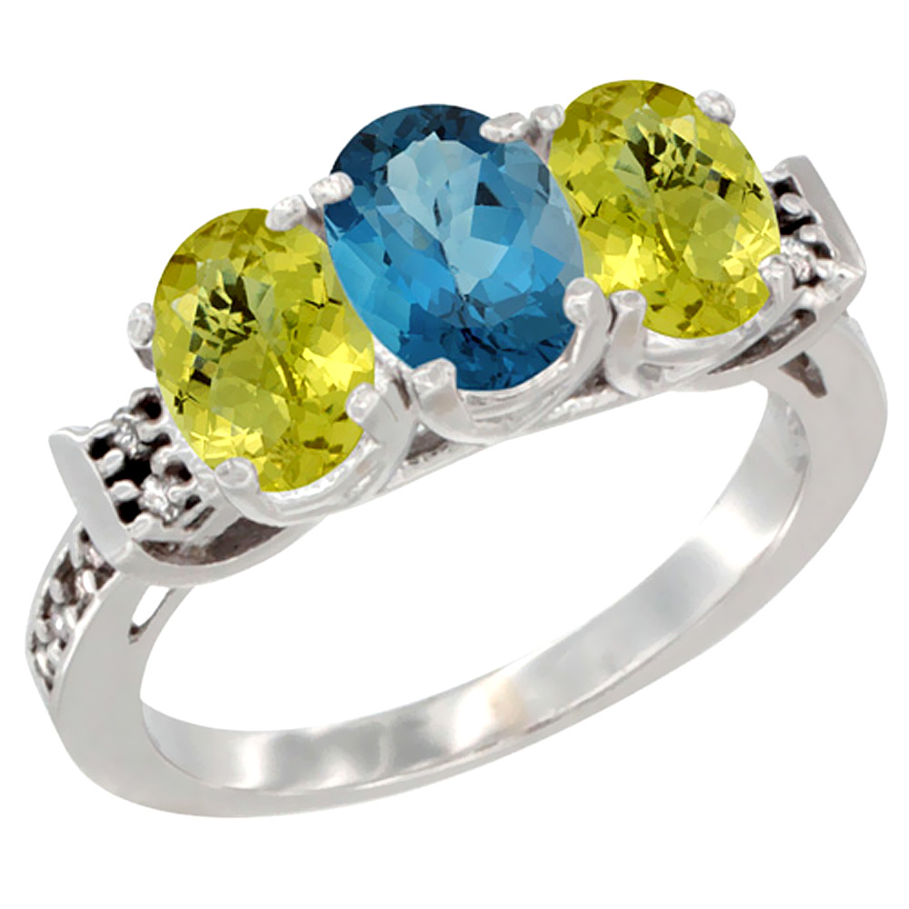 14K White Gold Natural London Blue Topaz &amp; Lemon Quartz Ring 3-Stone 7x5 mm Oval Diamond Accent, sizes 5 - 10
