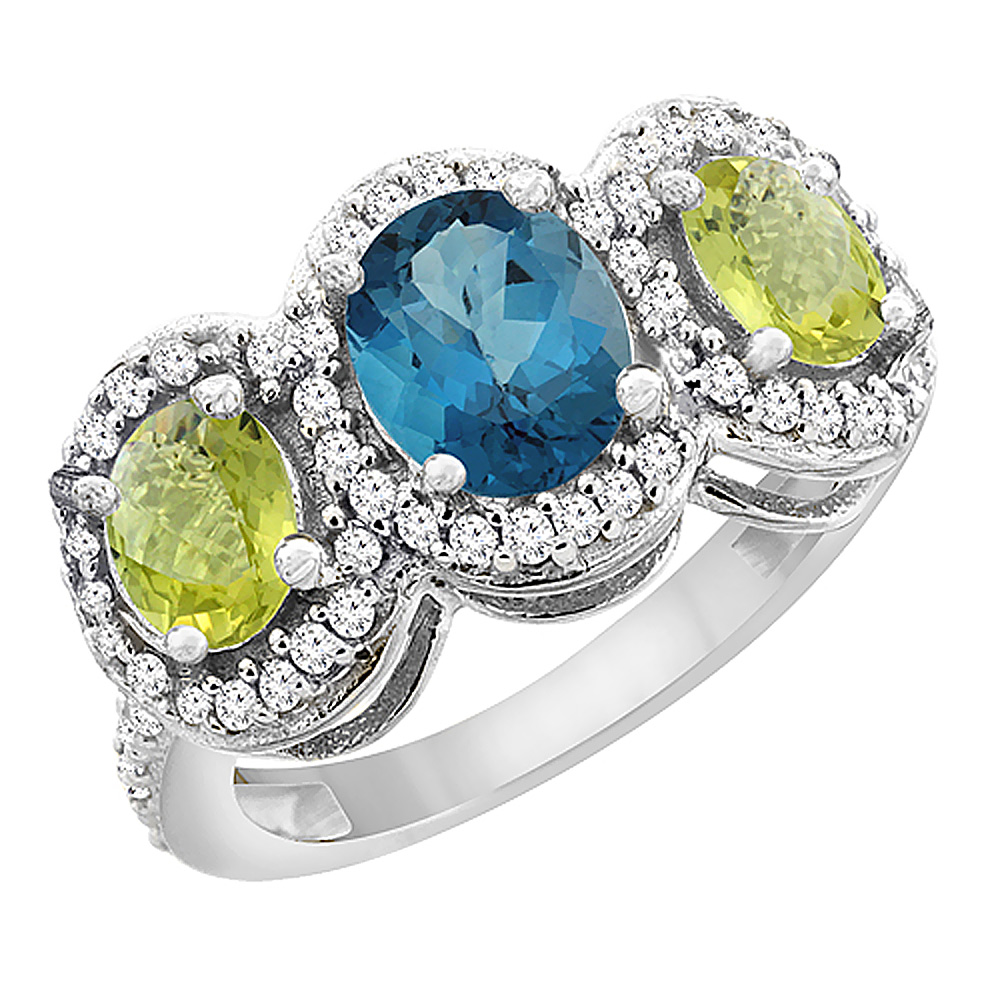 14K White Gold Natural London Blue Topaz & Lemon Quartz 3-Stone Ring Oval Diamond Accent, sizes 5 - 10