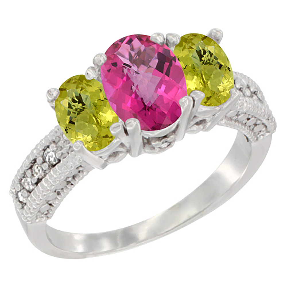 14K White Gold Diamond Natural Pink Topaz Ring Oval 3-stone with Lemon Quartz, sizes 5 - 10