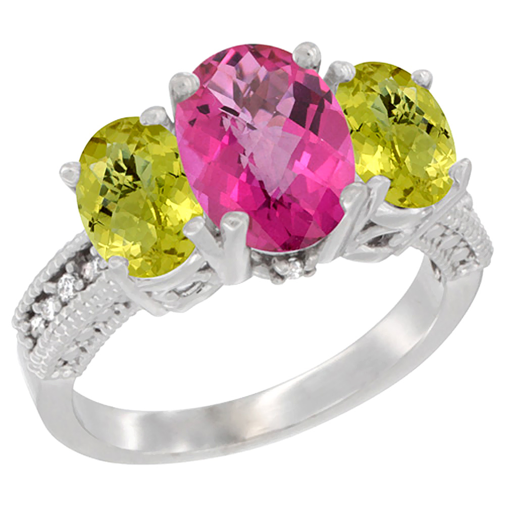 10K White Gold Diamond Natural Pink Topaz Ring 3-Stone Oval 8x6mm with Lemon Quartz, sizes5-10