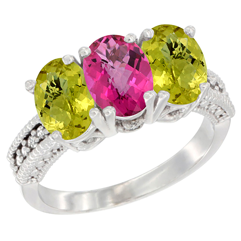 14K White Gold Natural Pink Topaz Ring with Lemon Quartz 3-Stone 7x5 mm Oval Diamond Accent, sizes 5 - 10