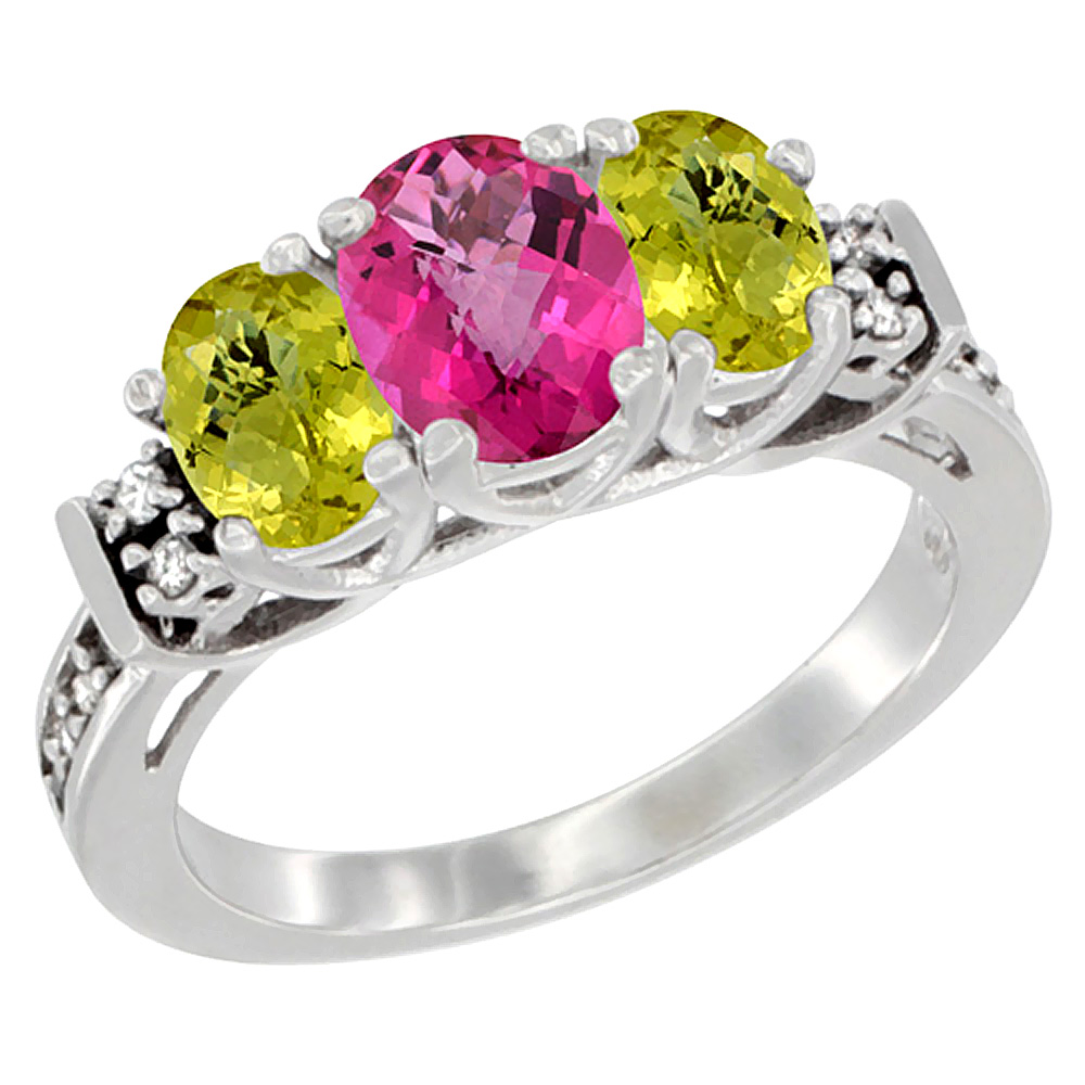 14K White Gold Natural Pink Topaz &amp; Lemon Quartz Ring 3-Stone Oval Diamond Accent, sizes 5-10