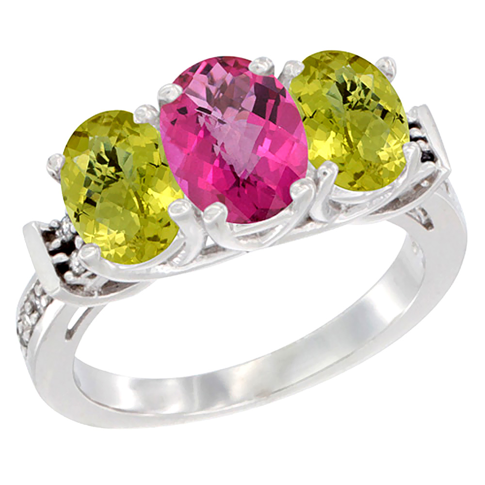 10K White Gold Natural Pink Topaz & Lemon Quartz Sides Ring 3-Stone Oval Diamond Accent, sizes 5 - 10