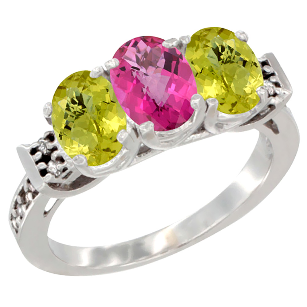 10K White Gold Natural Pink Topaz &amp; Lemon Quartz Sides Ring 3-Stone Oval 7x5 mm Diamond Accent, sizes 5 - 10