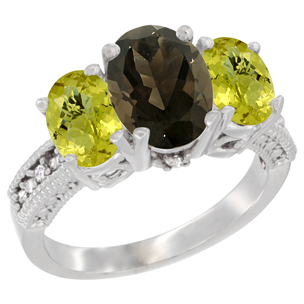 10K White Gold Diamond Natural Smoky Topaz Ring 3-Stone Oval 8x6mm with Lemon Quartz, sizes5-10