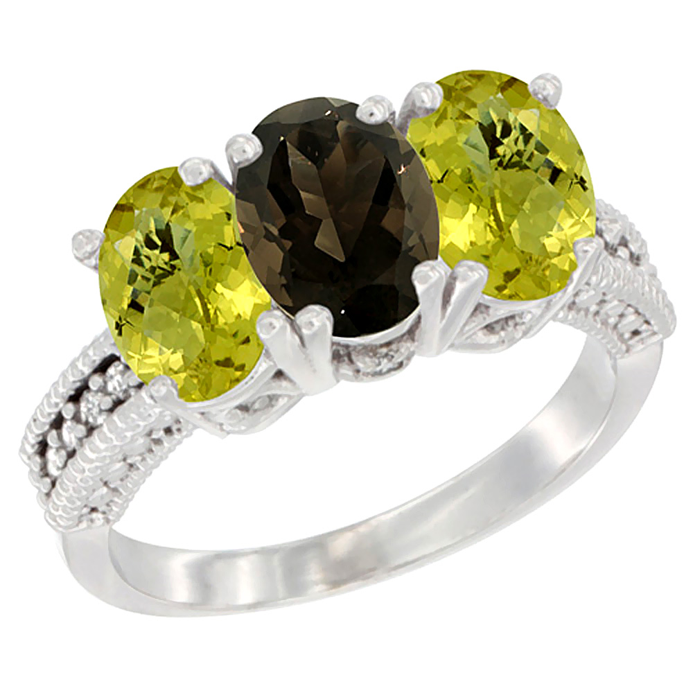 14K White Gold Natural Smoky Topaz Ring with Lemon Quartz 3-Stone 7x5 mm Oval Diamond Accent, sizes 5 - 10