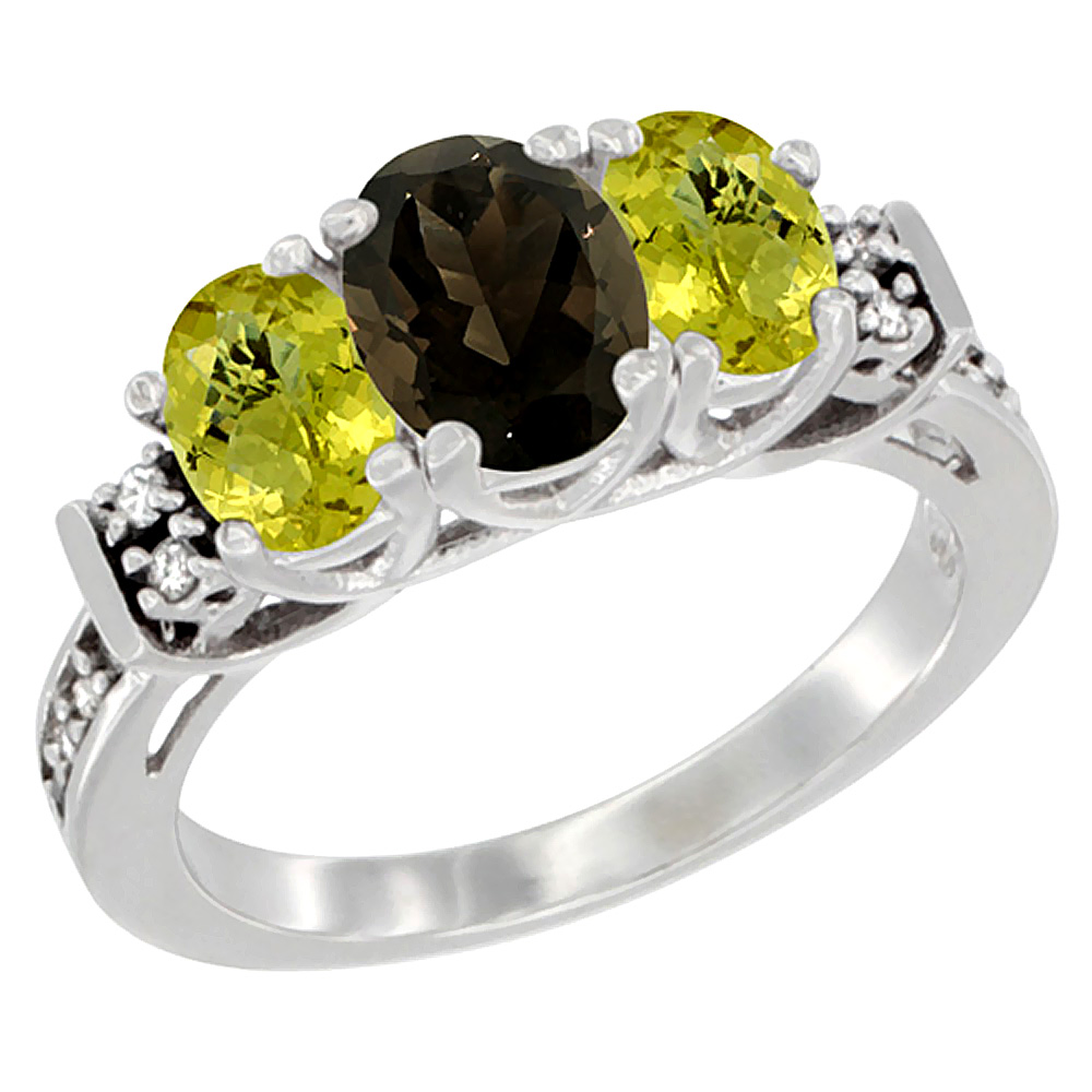 10K White Gold Natural Smoky Topaz & Lemon Quartz Ring 3-Stone Oval Diamond Accent, sizes 5-10