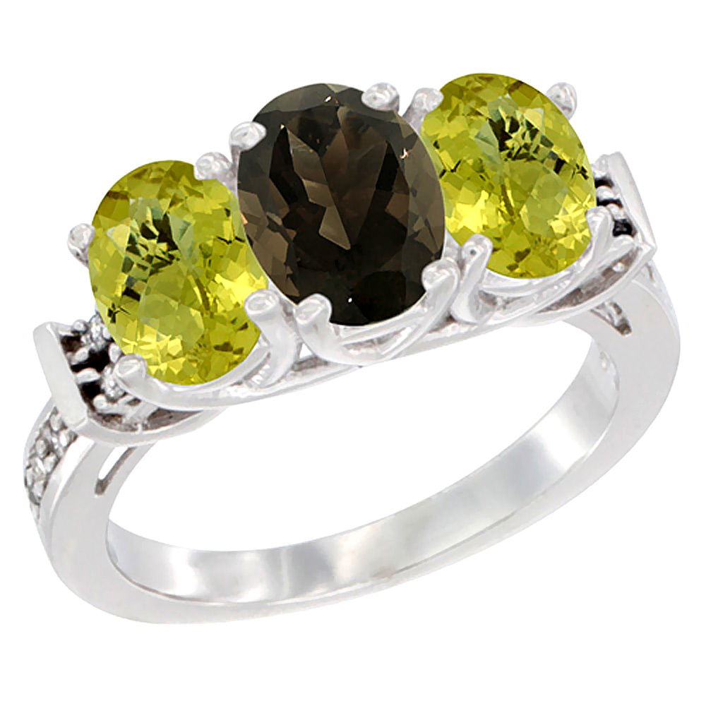 10K White Gold Natural Smoky Topaz & Lemon Quartz Sides Ring 3-Stone Oval Diamond Accent, sizes 5 - 10