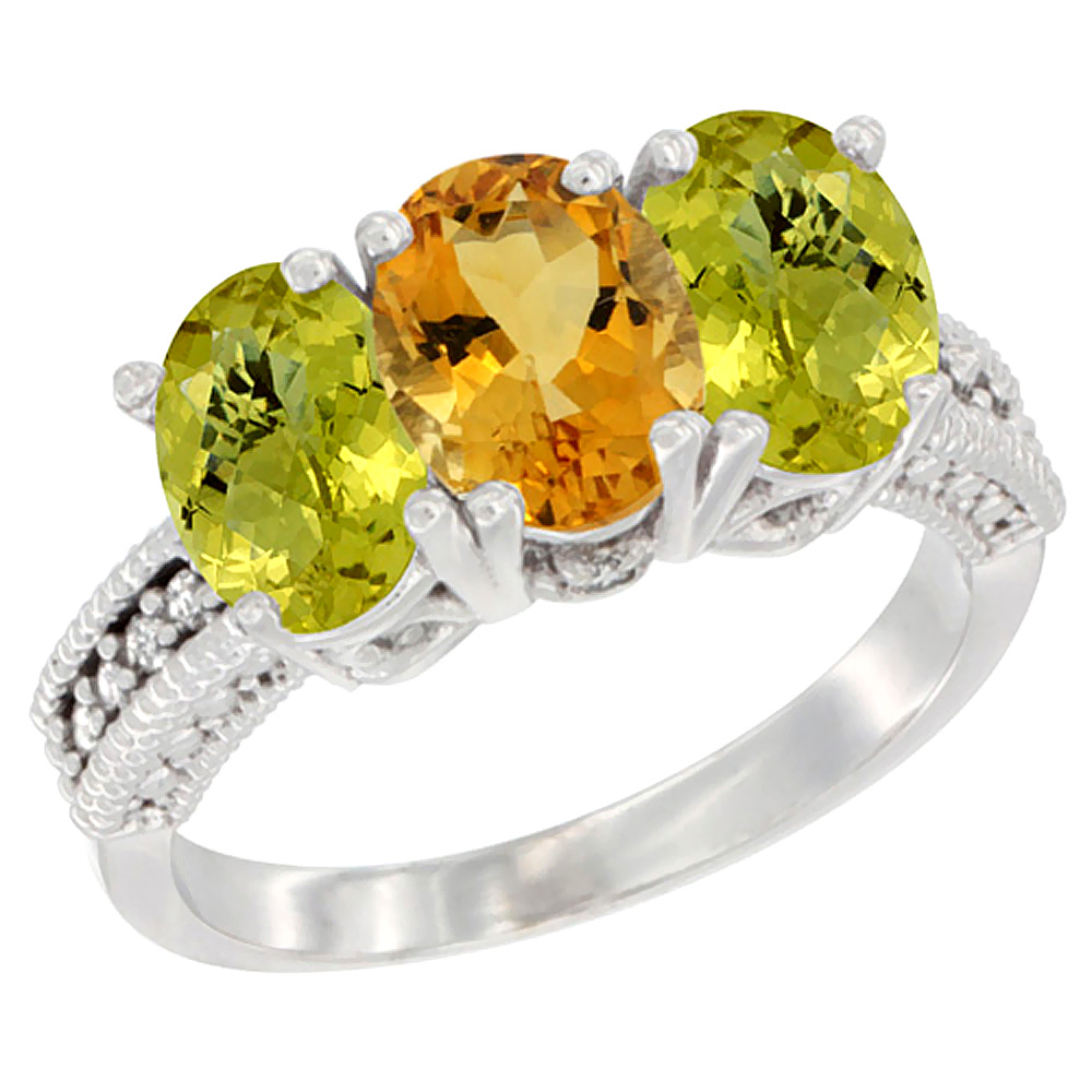 14K White Gold Natural Citrine Ring with Lemon Quartz 3-Stone 7x5 mm Oval Diamond Accent, sizes 5 - 10