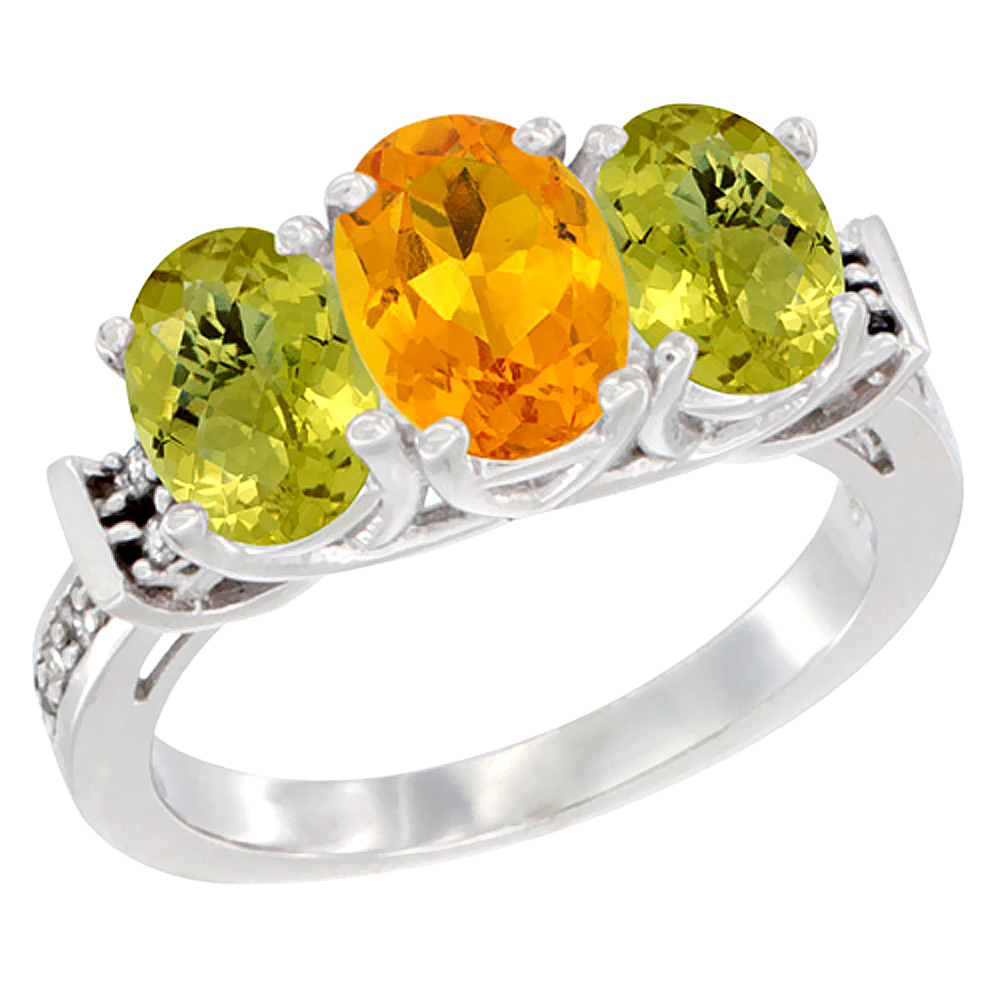 10K White Gold Natural Citrine & Lemon Quartz Sides Ring 3-Stone Oval Diamond Accent, sizes 5 - 10