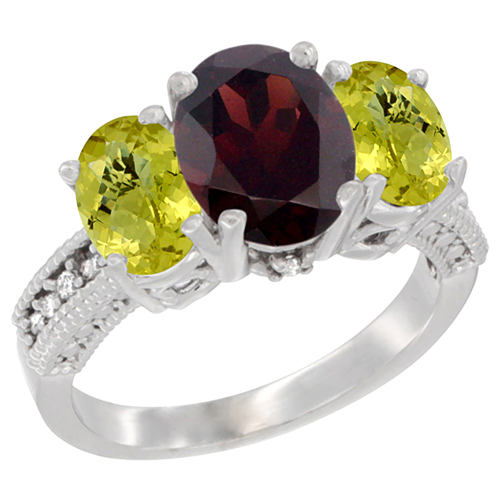 14K White Gold Diamond Natural Garnet Ring 3-Stone Oval 8x6mm with Lemon Quartz, sizes5-10