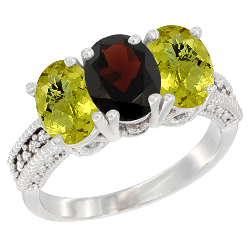 14K White Gold Natural Garnet Ring with Lemon Quartz 3-Stone 7x5 mm Oval Diamond Accent, sizes 5 - 10