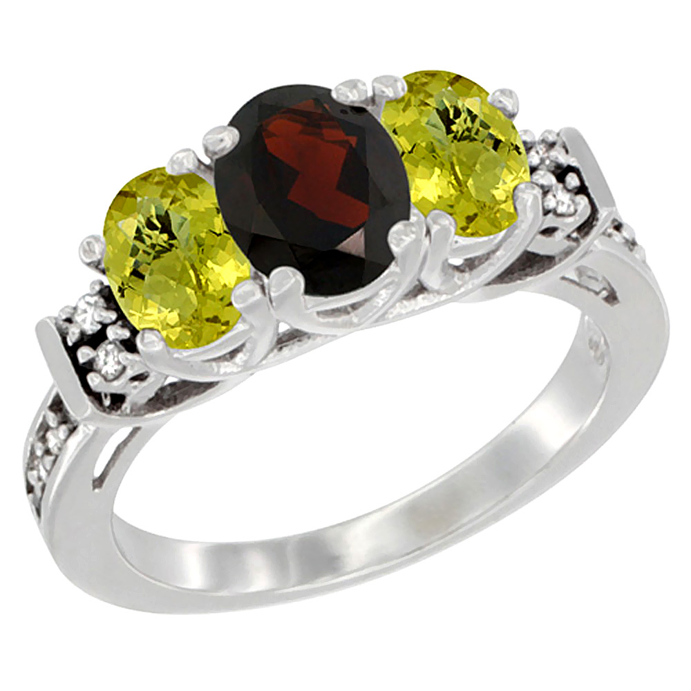 14K White Gold Natural Garnet & Lemon Quartz Ring 3-Stone Oval Diamond Accent, sizes 5-10