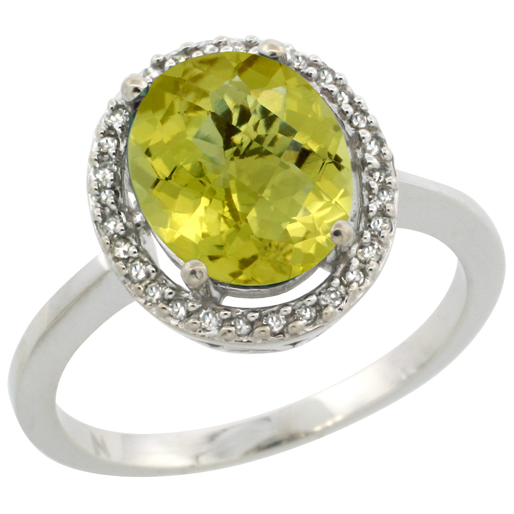 10K White Gold Diamond Halo Natural Lemon Quartz Engagement Ring Oval 10x8 mm, sizes 5 10