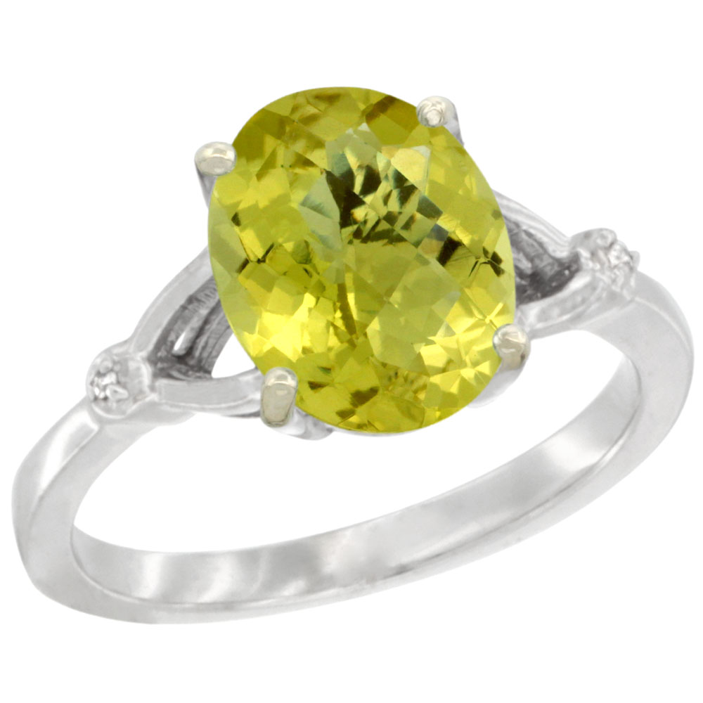 14K WHITE GOLD SIMPLE LARGE 4 PRONG 10X8MM OVAL LEMON QUARTZ ENGAGEMENT RING FOR WOMEN 3/8 INCH WIDE SIZES 6-10
