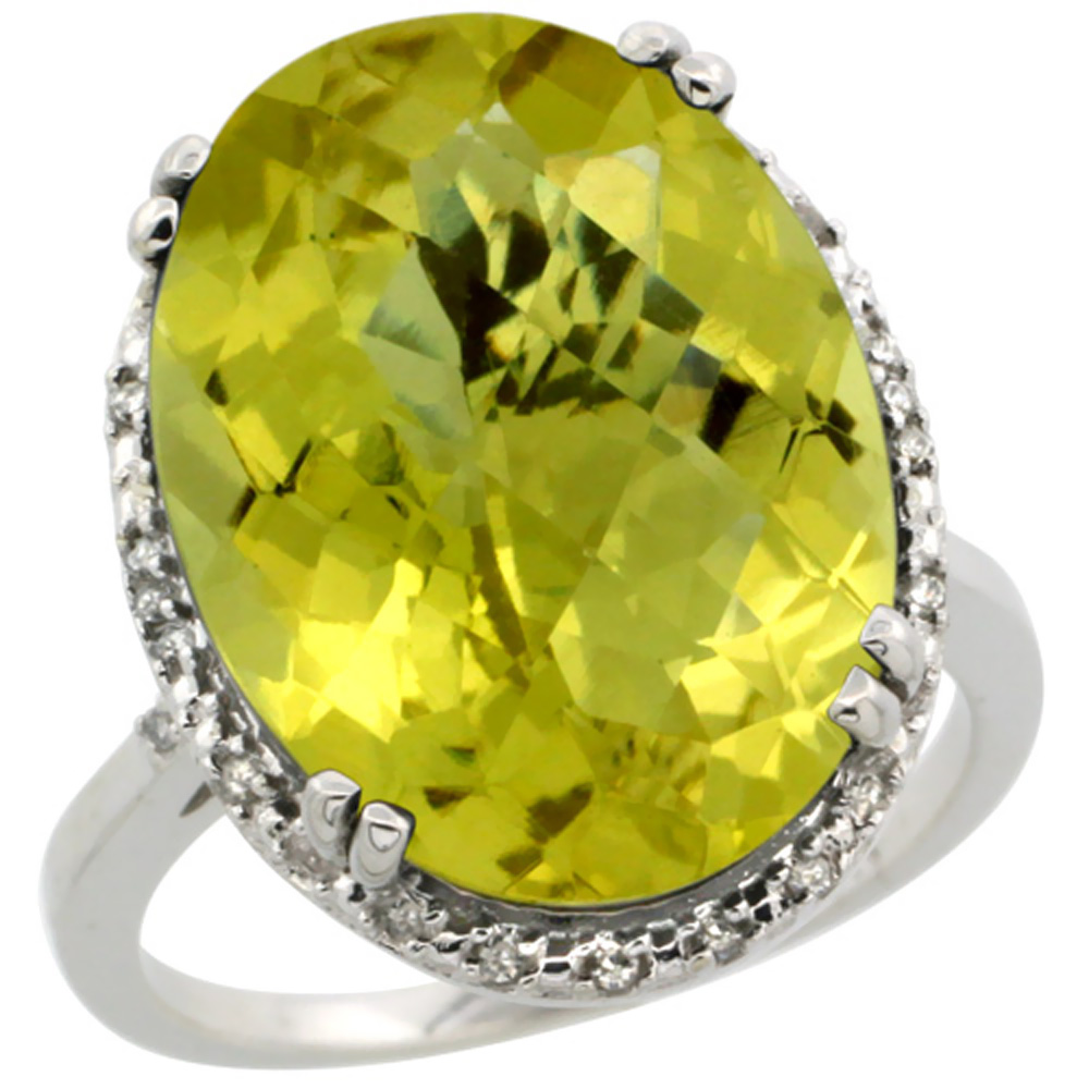 10k White Gold Natural Lemon Quartz Ring Large Oval 18x13mm Diamond Halo, sizes 5-10