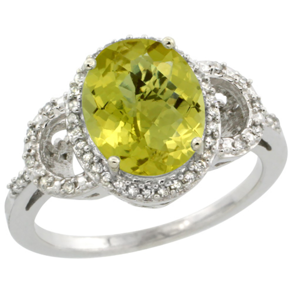 10K White Gold Diamond Natural Lemon Quartz Engagement Ring Oval 10x8mm, sizes 5-10