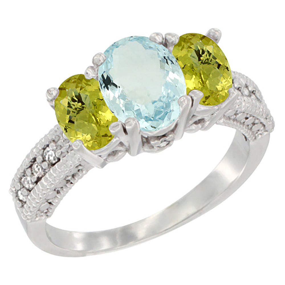 14K White Gold Diamond Natural Aquamarine Ring Oval 3-stone with Lemon Quartz, sizes 5 - 10