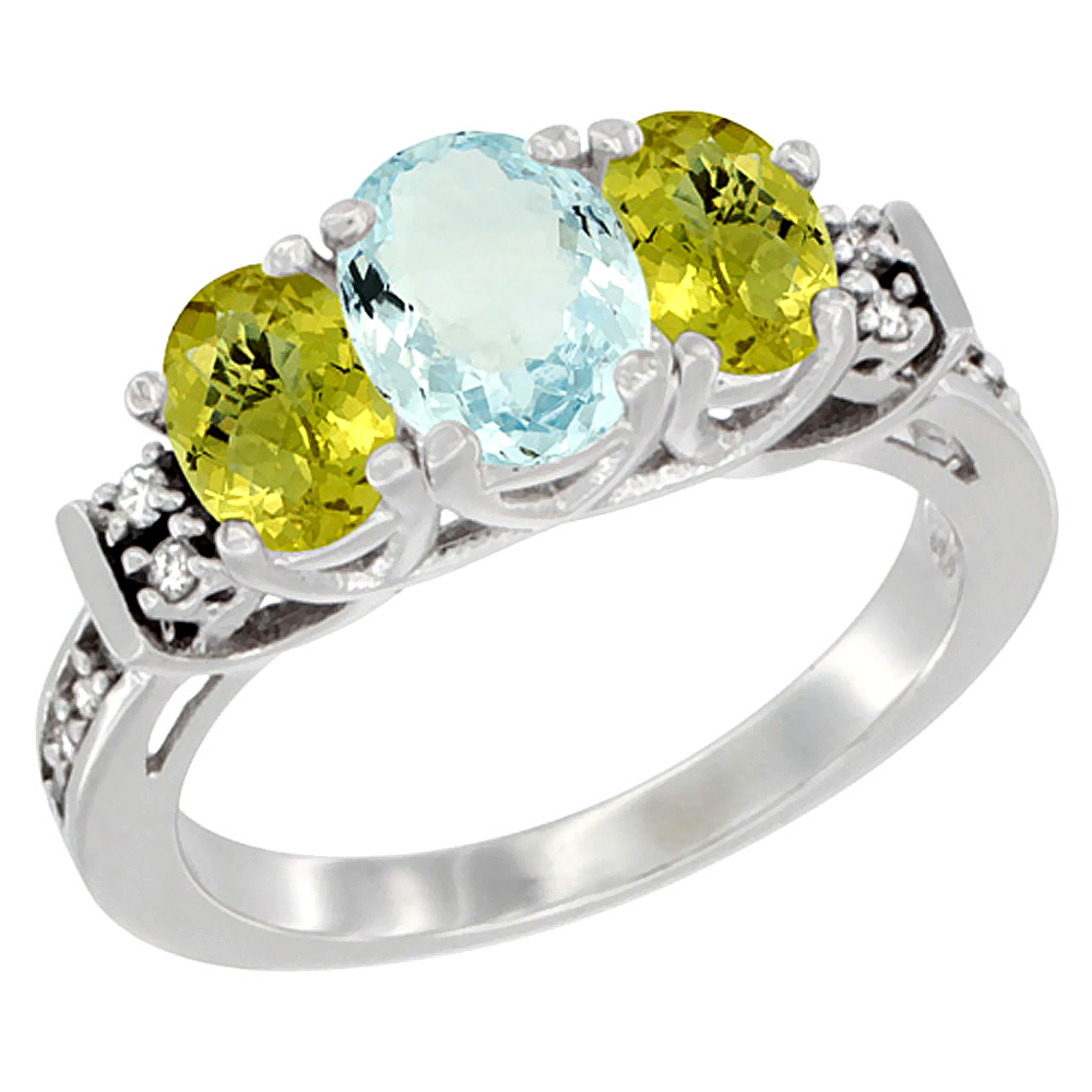 10K White Gold Natural Aquamarine & Lemon Quartz Ring 3-Stone Oval Diamond Accent, sizes 5-10