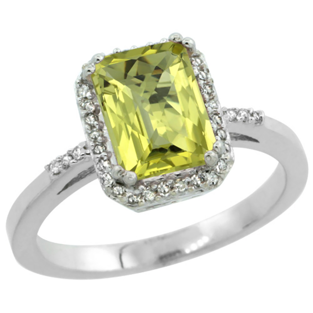 14K White Gold Diamond Natural Lemon Quartz Ring Emerald-cut 8x6mm, sizes 5-10