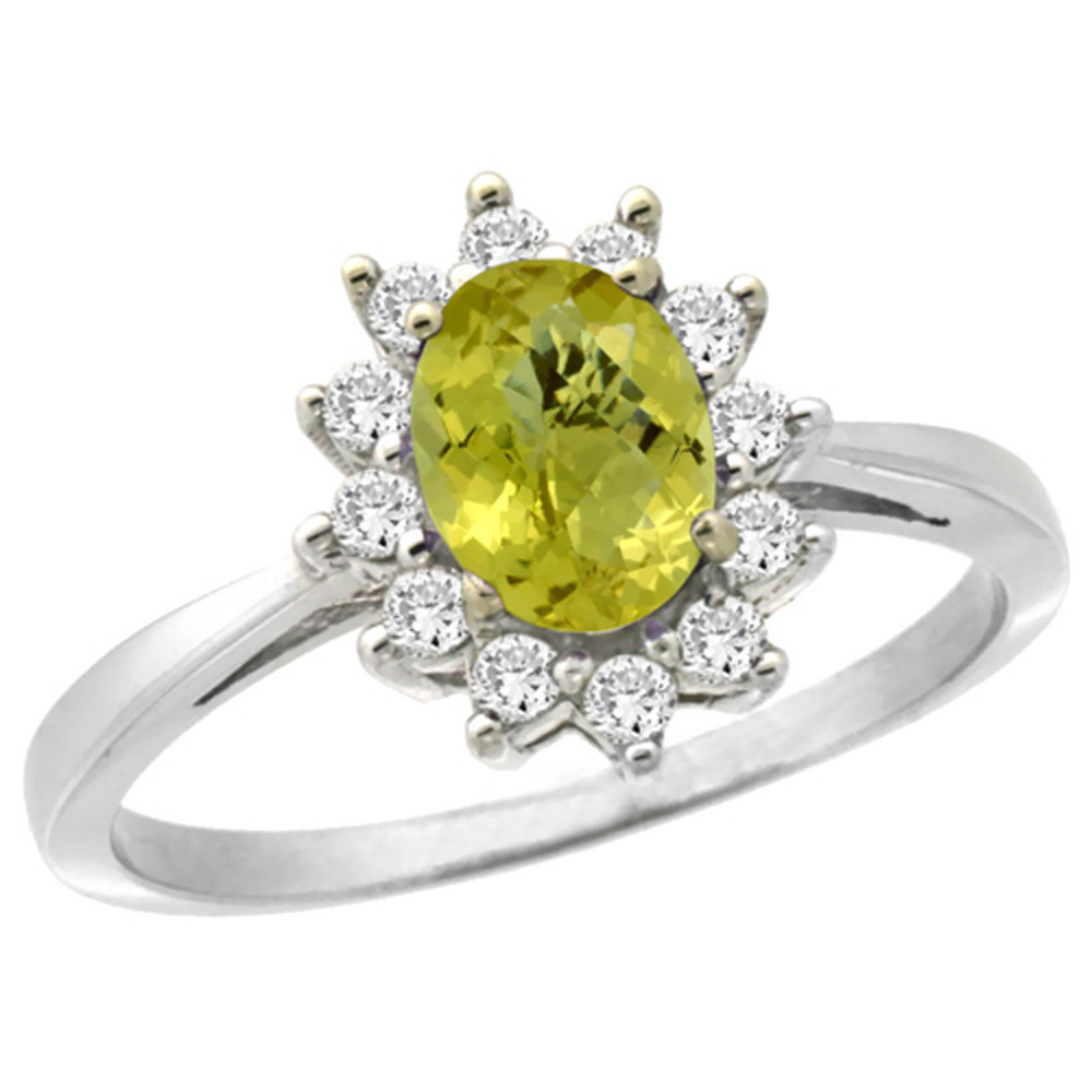 10k White Gold Natural Lemon Quartz Engagement Ring Oval 7x5mm Diamond Halo, sizes 5-10