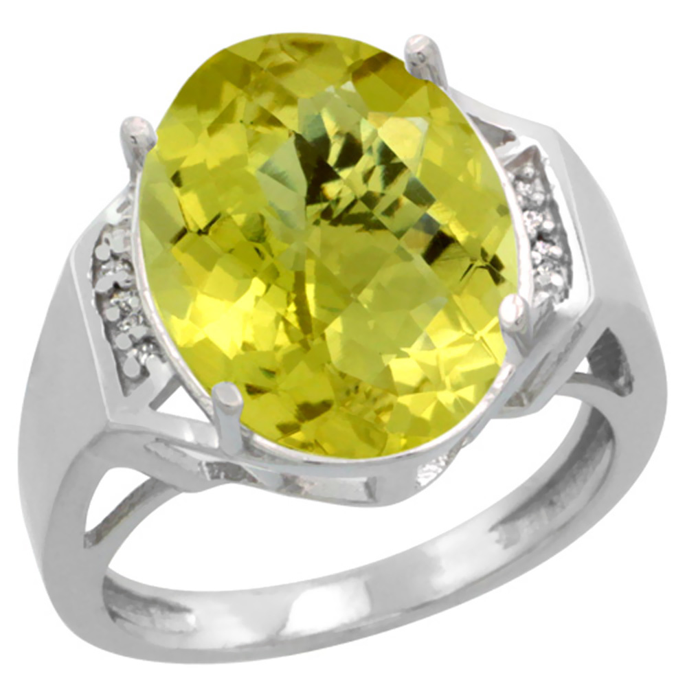 10K White Gold Diamond Natural Lemon Quartz Ring Oval 16x12mm, sizes 5-10