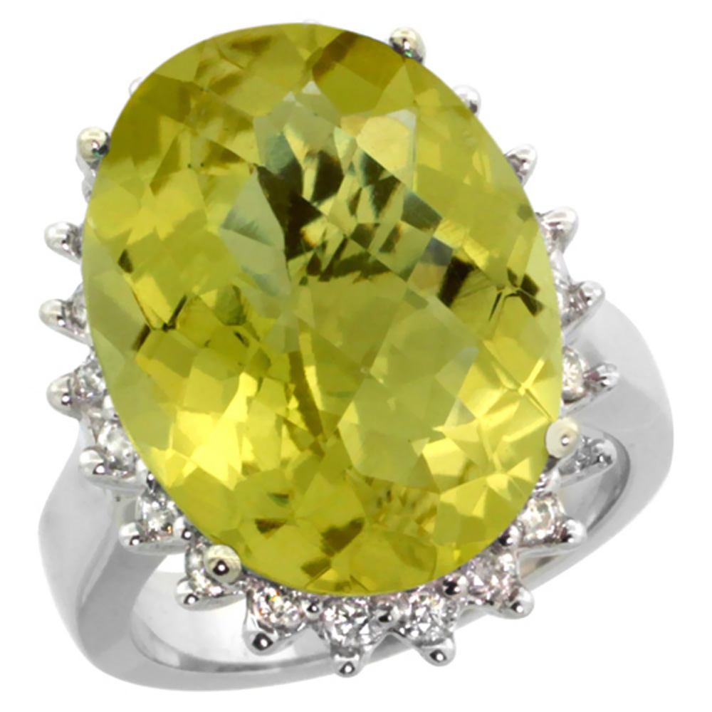 10k White Gold Diamond Halo Natural Lemon Quartz Ring Large Oval 18x13mm, sizes 5-10