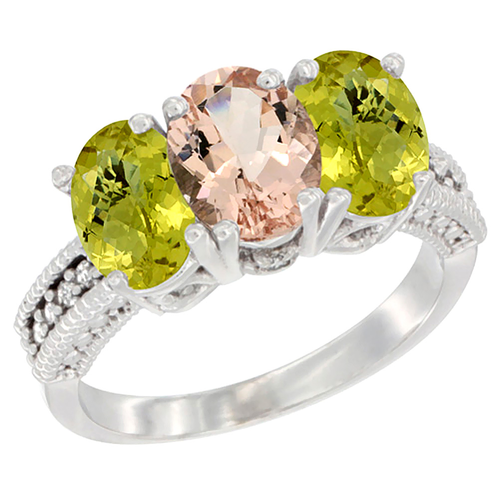14K White Gold Natural Morganite Ring with Lemon Quartz 3-Stone 7x5 mm Oval Diamond Accent, sizes 5 - 10