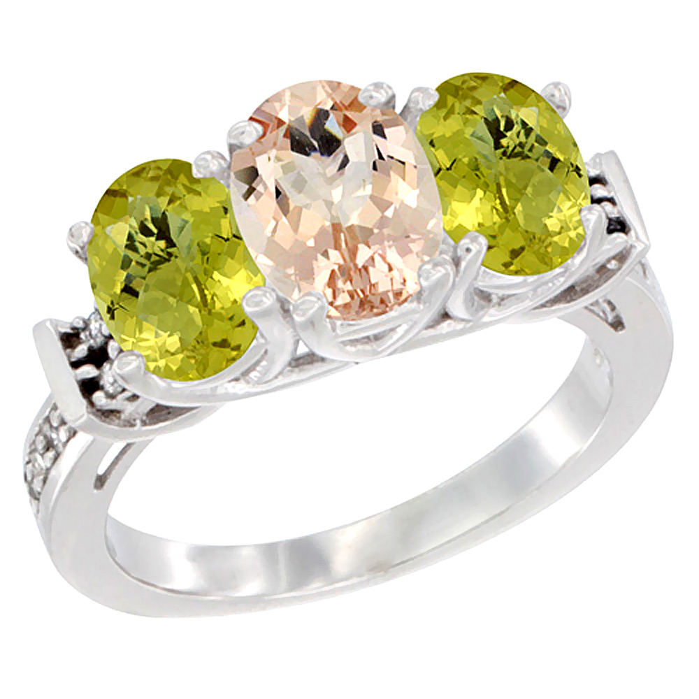 14K White Gold Natural Morganite & Lemon Quartz Sides Ring 3-Stone Oval Diamond Accent, sizes 5 - 10