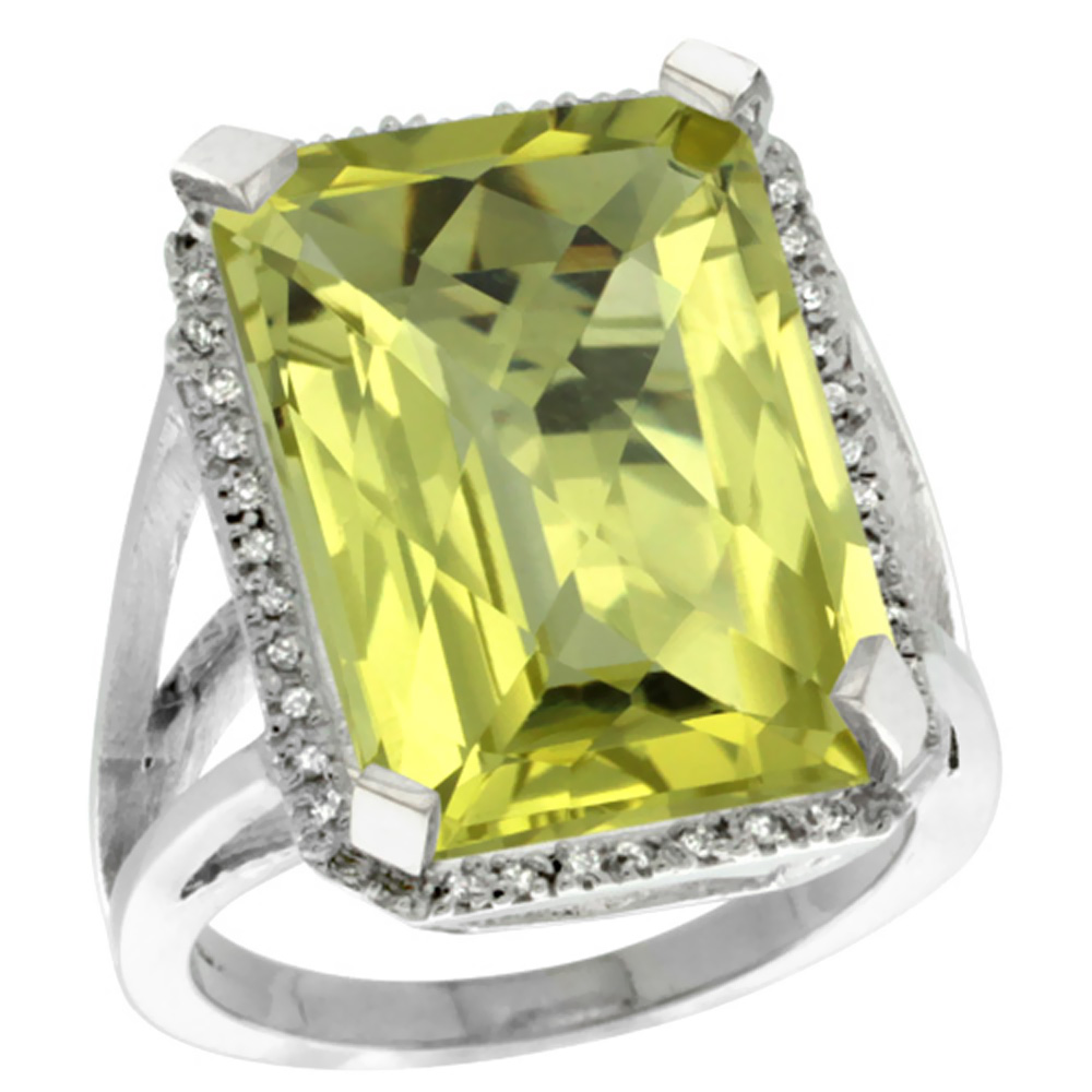 14K White Gold Diamond Natural Lemon Quartz Ring Emerald-cut 18x13mm, sizes 5-10