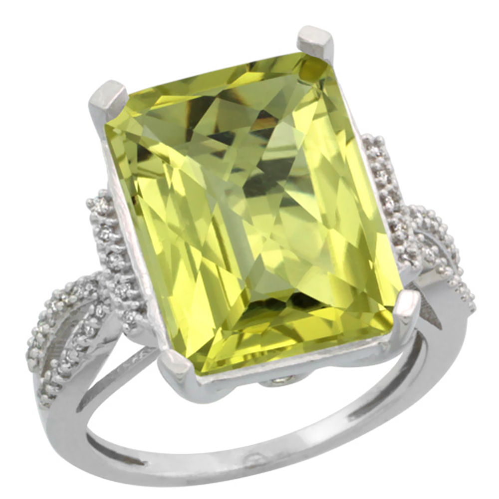 10K White Gold Diamond Natural Lemon Quartz Ring Emerald-cut 16x12mm, sizes 5-10
