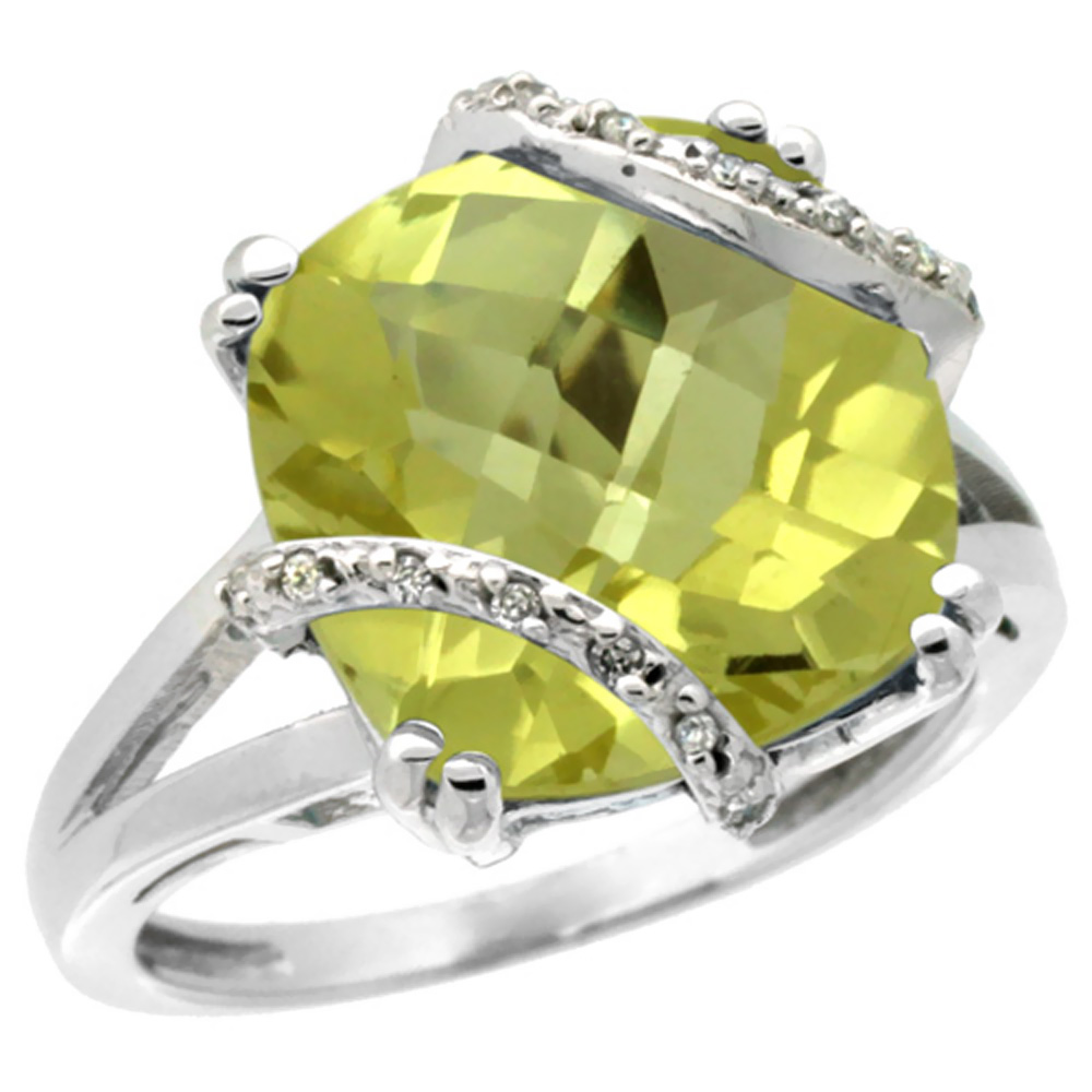 14K White Gold Natural Lemon Quartz Ring Cushion-cut 12x12mm Diamond Accent, sizes 5-10