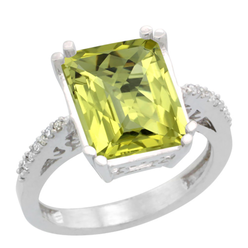 10K White Gold Diamond Natural Lemon Quartz Ring Emerald-cut 12x10mm, sizes 5-10