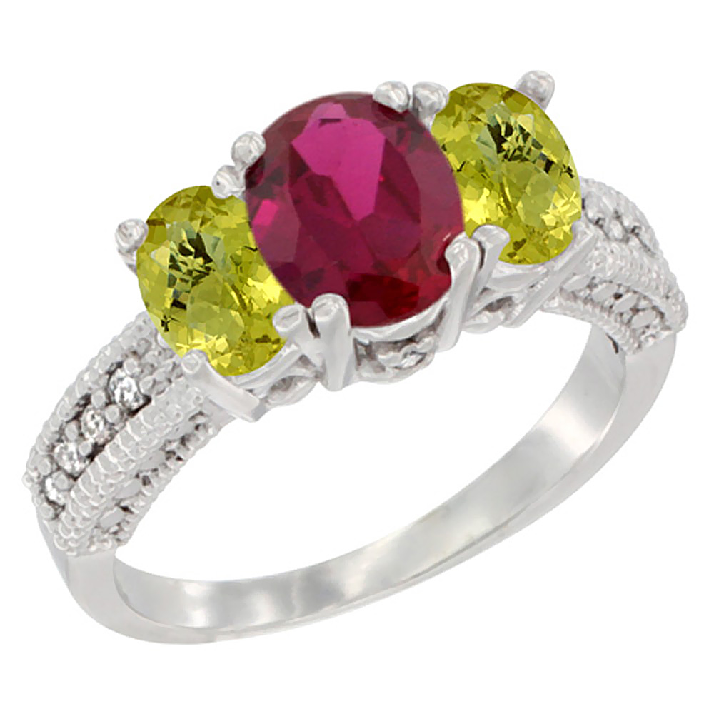 10K White Gold Diamond Quality Ruby 7x5mm &amp; 6x4mm Lemon Quartz Oval 3-stone Mothers Ring,size 5 - 10
