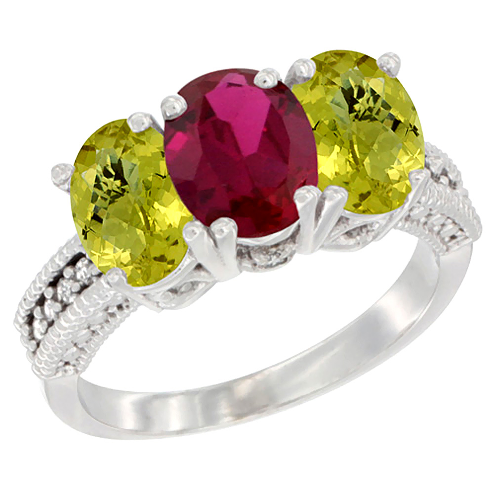 10K White Gold Diamond Enhanced Ruby &amp; Natural Lemon Quartz Ring 3-Stone 7x5 mm Oval, sizes 5 - 10