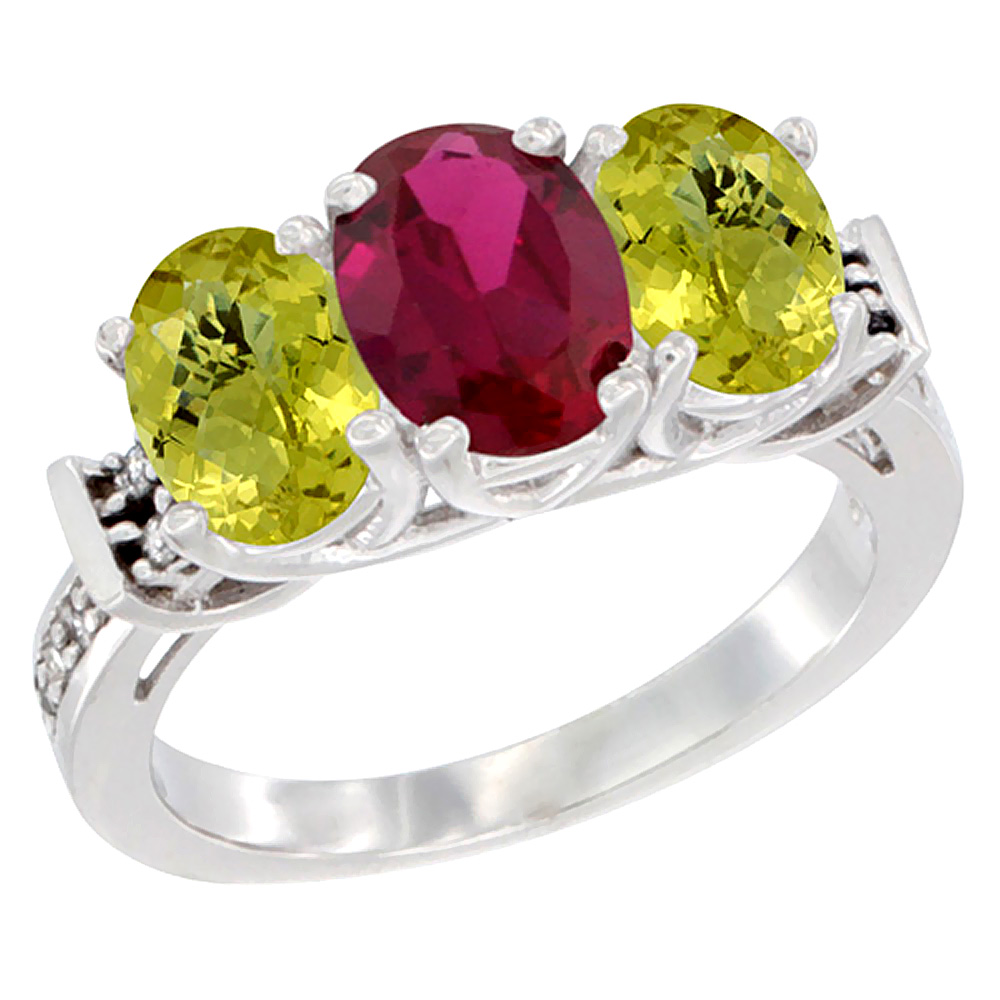14K White Gold Natural High Quality Ruby &amp; Lemon Quartz Sides Ring 3-Stone Oval Diamond Accent, sizes 5 - 10