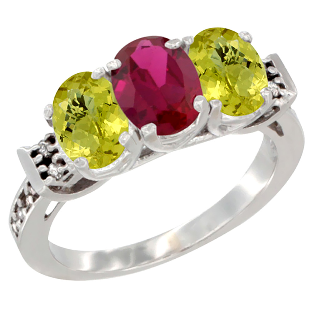 14K White Gold Enhanced Ruby & Natural Lemon Quartz Ring 3-Stone 7x5 mm Oval Diamond Accent, sizes 5 - 10