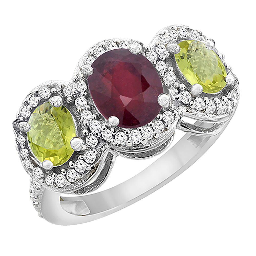 14K White Gold Enhanced Ruby &amp; Lemon Quartz 3-Stone Ring Oval Diamond Accent, sizes 5 - 10