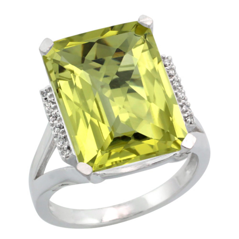 14K White Gold Diamond Natural Lemon Quartz Ring Emerald-cut 16x12mm, sizes 5-10
