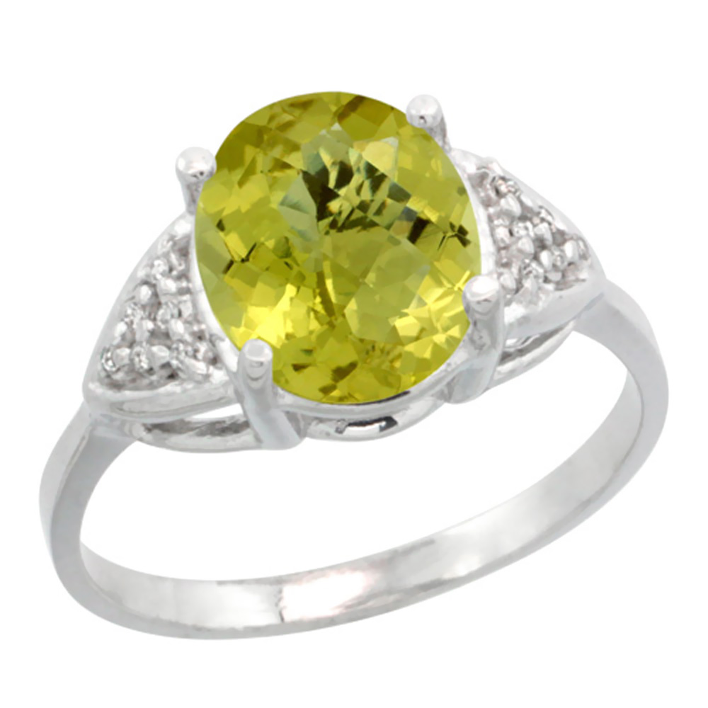 14k White Gold Diamond Natural Lemon Quartz Engagement Ring Oval 10x8mm, sizes 5-10