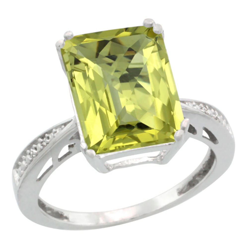 10K White Gold Diamond Natural Lemon Quartz Ring Emerald-cut 12x10mm, sizes 5-10