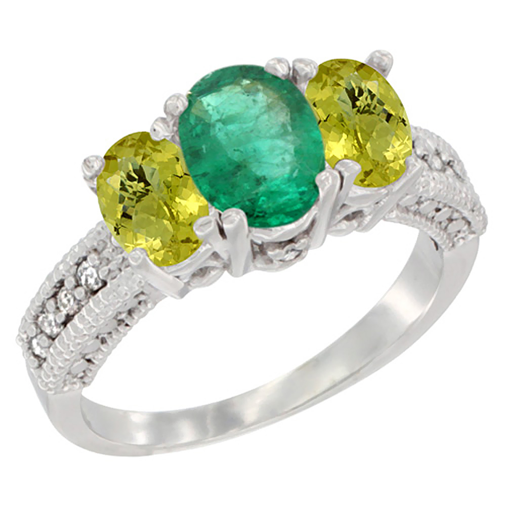10K White Gold Diamond Natural Emerald Ring Oval 3-stone with Lemon Quartz, sizes 5 - 10
