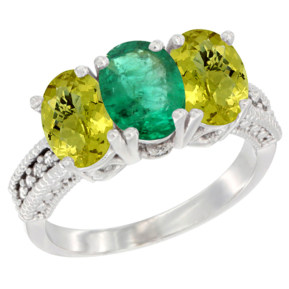 10K White Gold Diamond Natural Emerald &amp; Lemon Quartz Ring 3-Stone 7x5 mm Oval, sizes 5 - 10