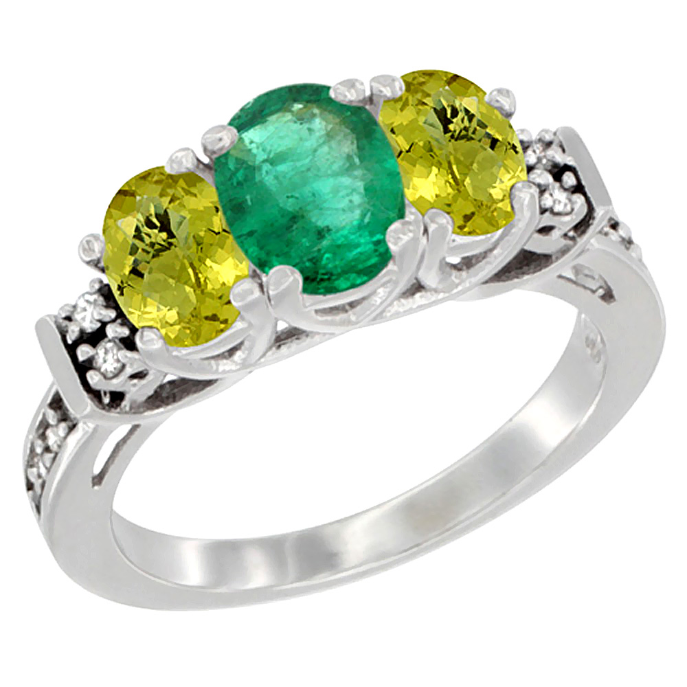 14K White Gold Natural Emerald & Lemon Quartz Ring 3-Stone Oval Diamond Accent, sizes 5-10
