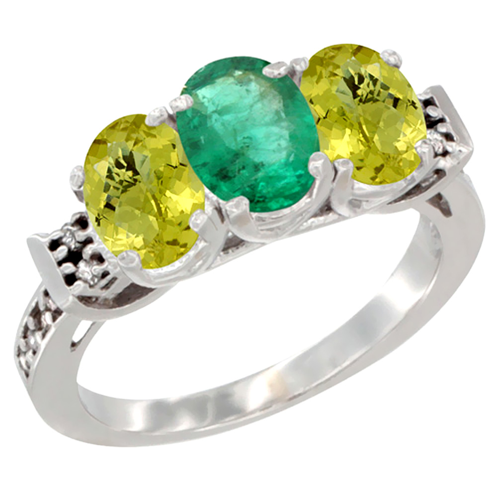 10K White Gold Natural Emerald &amp; Lemon Quartz Sides Ring 3-Stone Oval 7x5 mm Diamond Accent, sizes 5 - 10