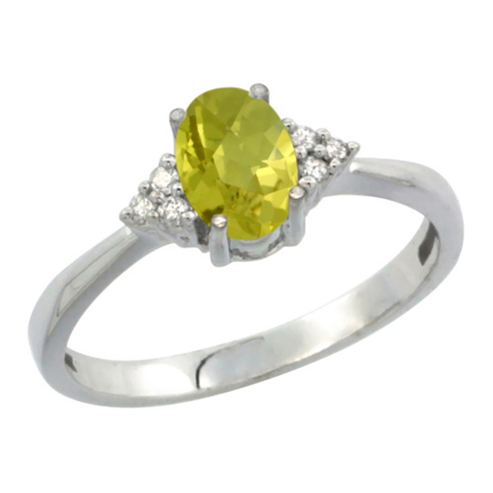 10K White Gold Diamond Natural Lemon Quartz Engagement Ring Oval 7x5mm, sizes 5-10