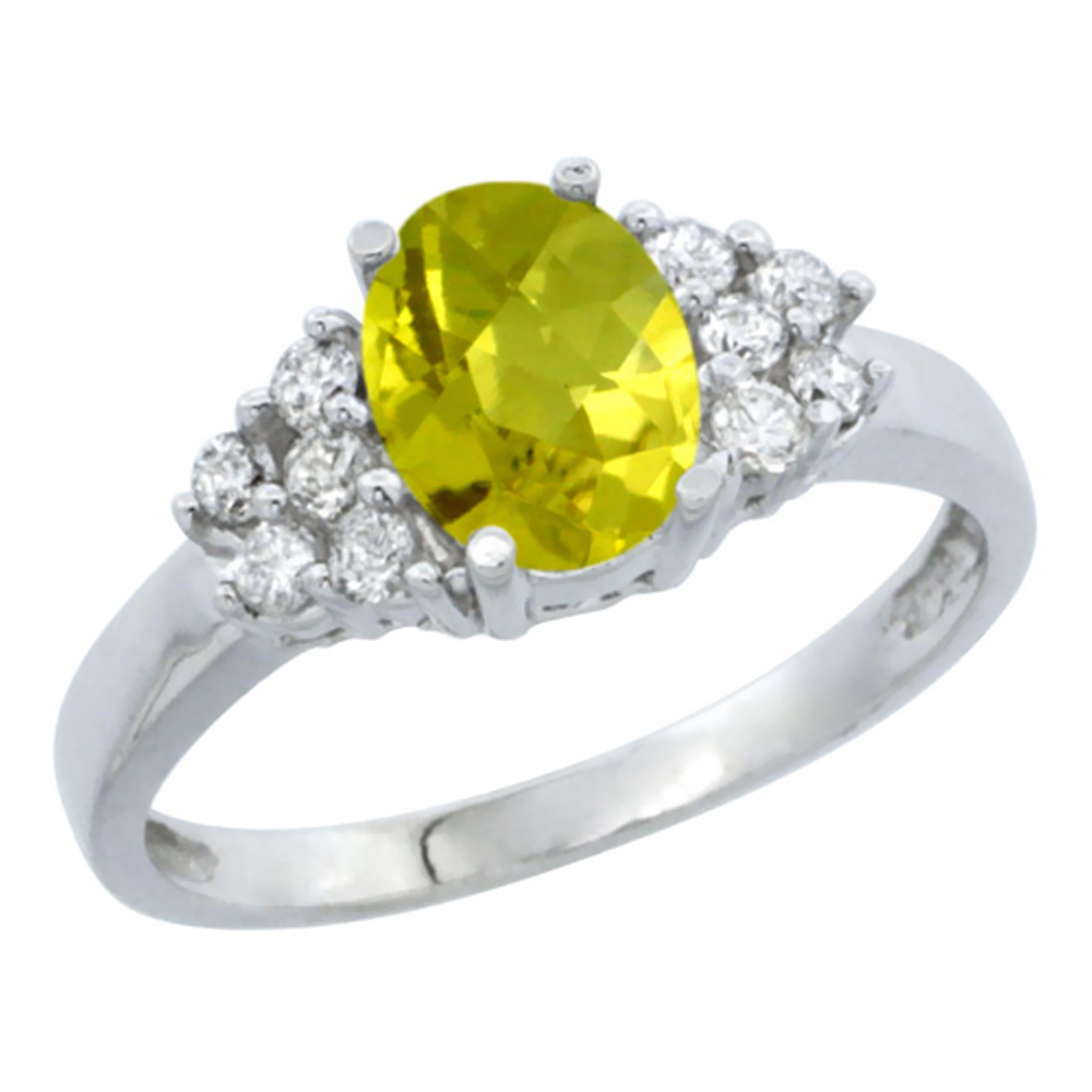 10K White Gold Natural Lemon Quartz Ring Oval 8x6mm Diamond Accent, sizes 5-10