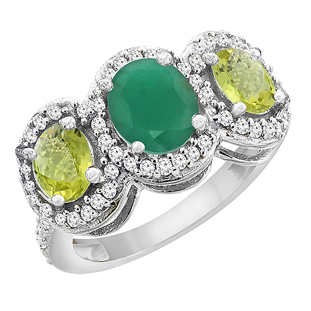 10K White Gold Natural Quality Emerald &amp; Lemon Quartz 3-stone Mothers Ring Oval Diamond Accent, sz5 - 10