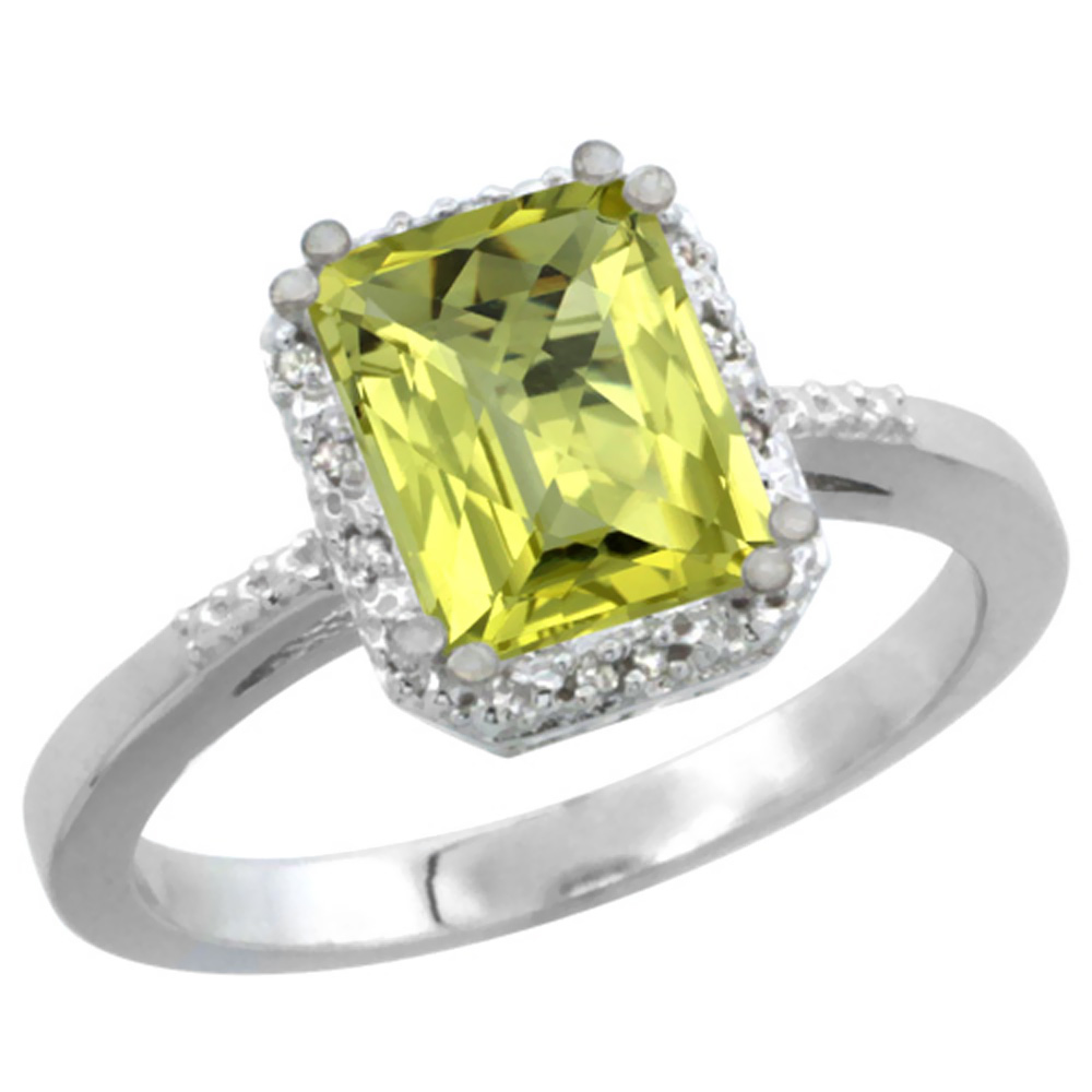14K White Gold Natural Lemon Quartz Ring Emerald-shape 8x6mm Diamond Accent, sizes 5-10